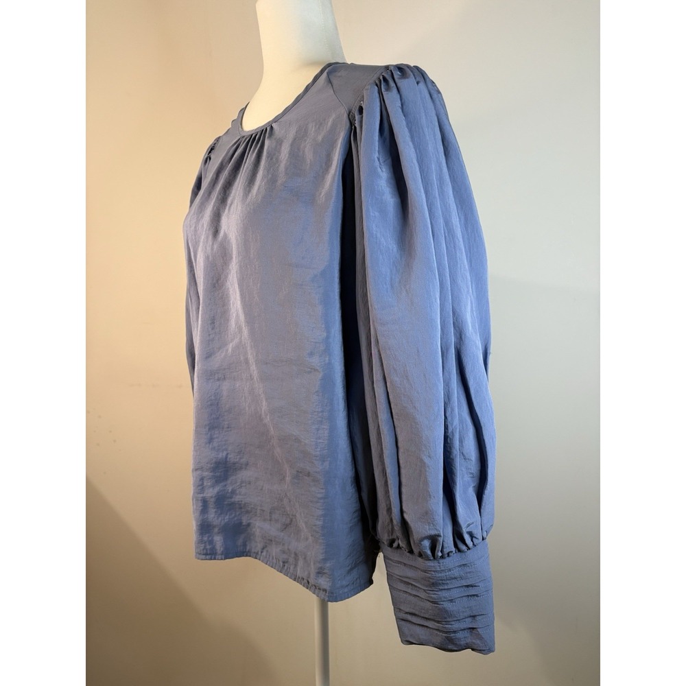 Express Blouse Womens Medium Blue Preppy Balloon Puff Sleeves